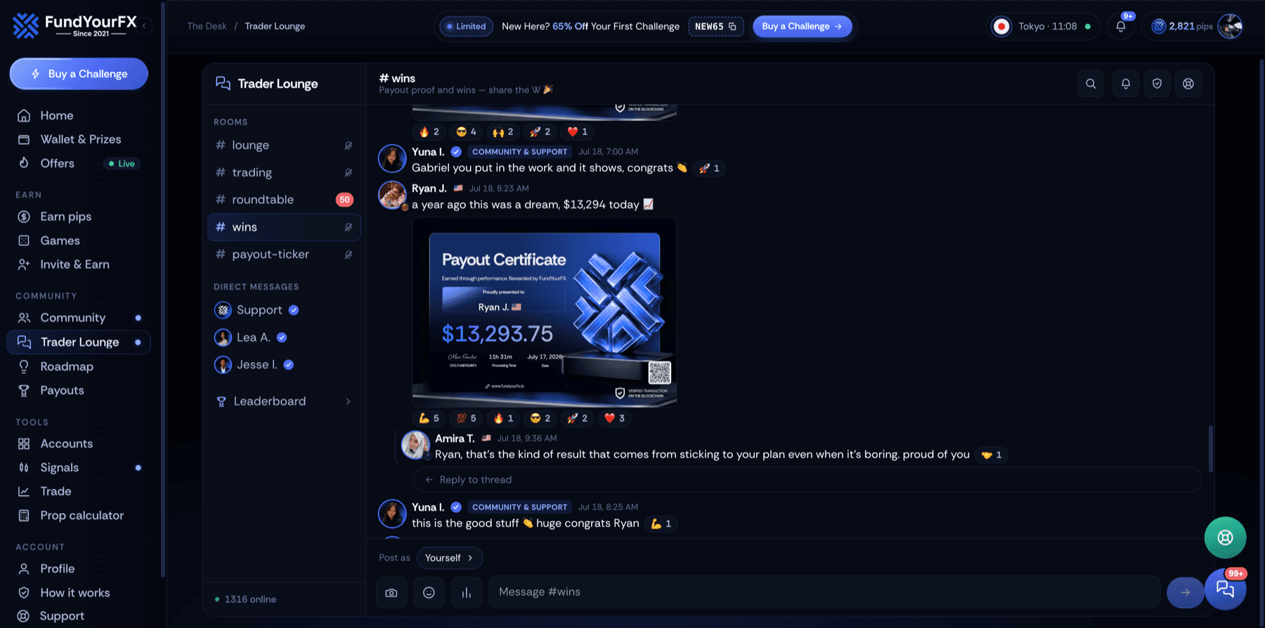 The FundYourFX Desk — kiếm pips, leo hạng, tham gia cộng đồng giao dịch và theo dõi các khoản thanh toán.
