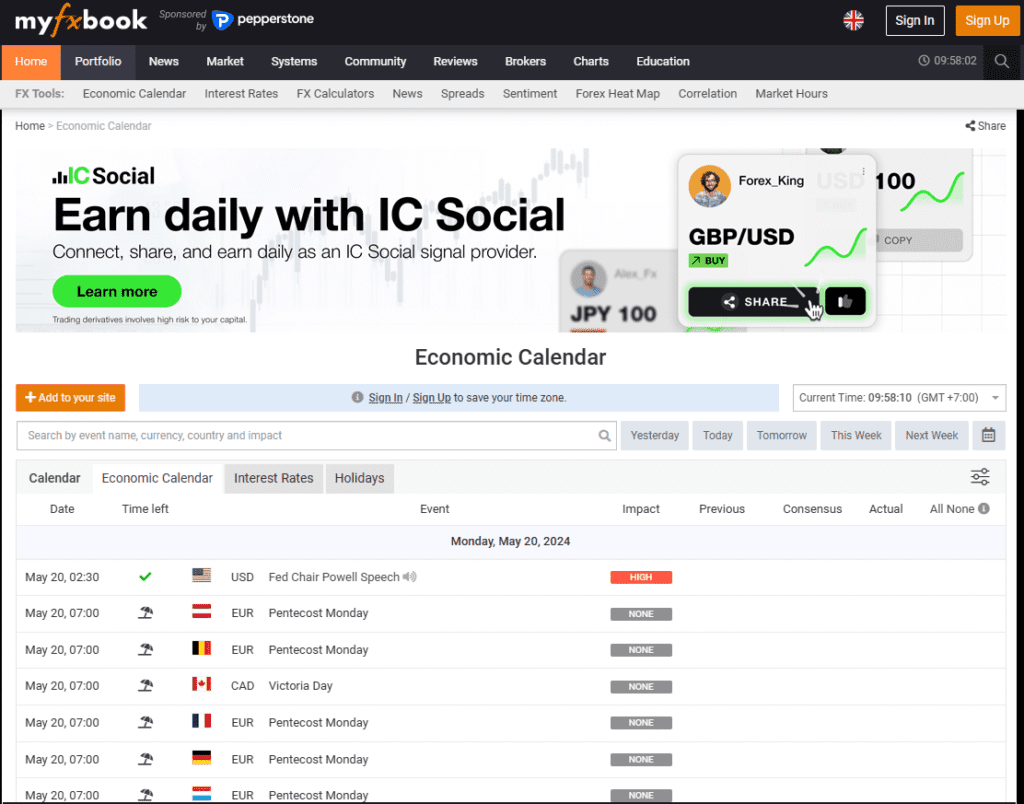 Myfxbook Economic Calendar