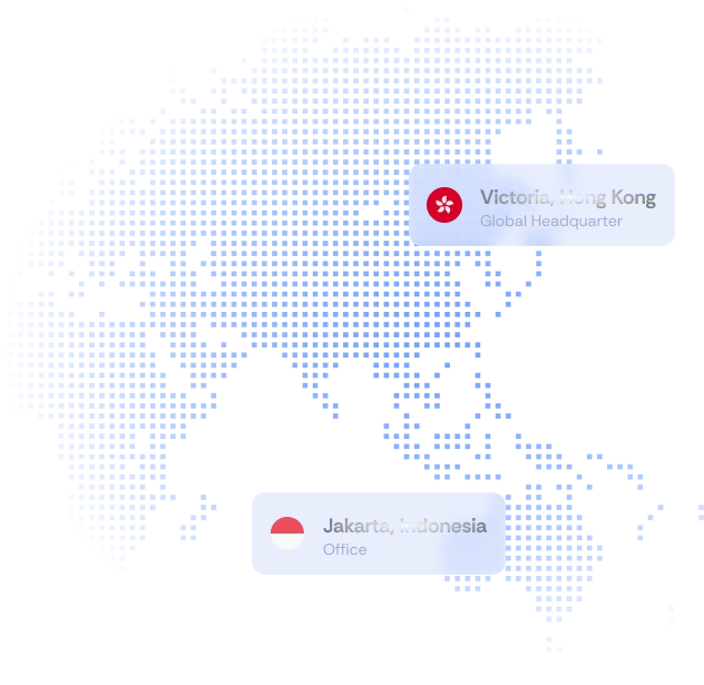 Dotted world map showing FundYourFX locations: Victoria, Hong Kong (Global Headquarter) and Jakarta, Indonesia (Office)