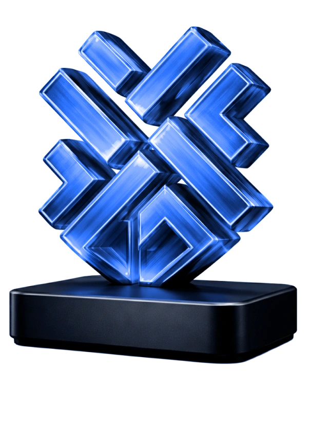 Trofi logo 3D FundYourFX di atas alas gelap